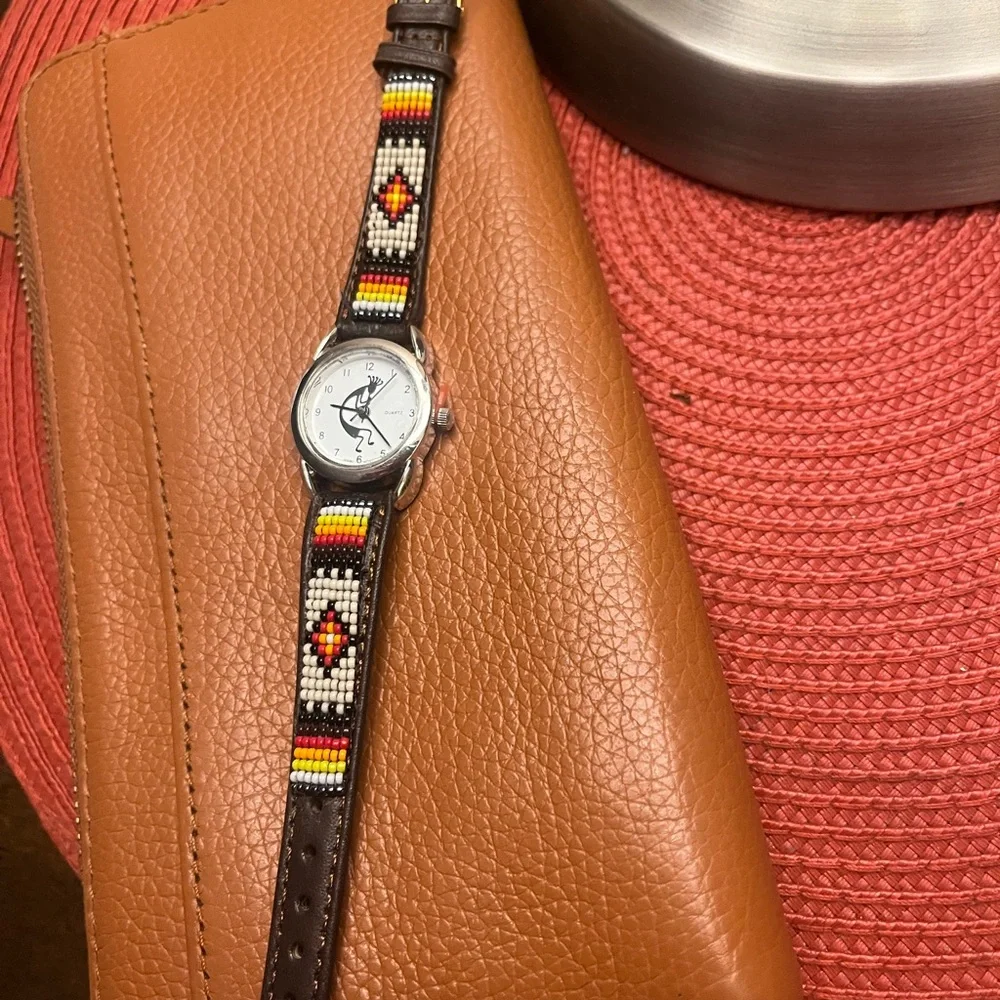 Original kokopelli Beaded Leather Watch with Brown Strap brand new